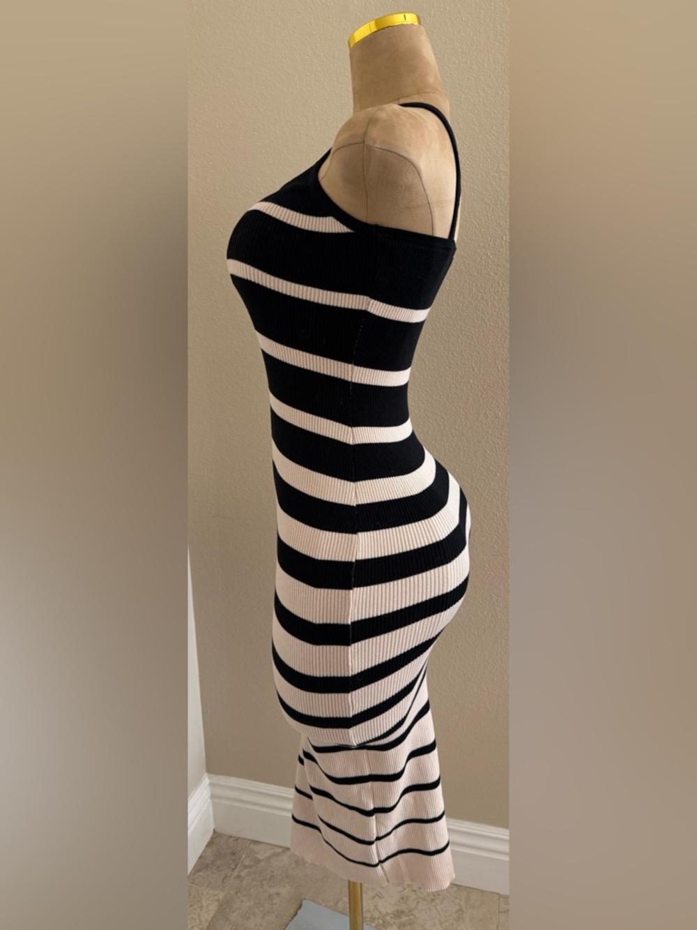 Black and White Striped Ribbed Midi Dress